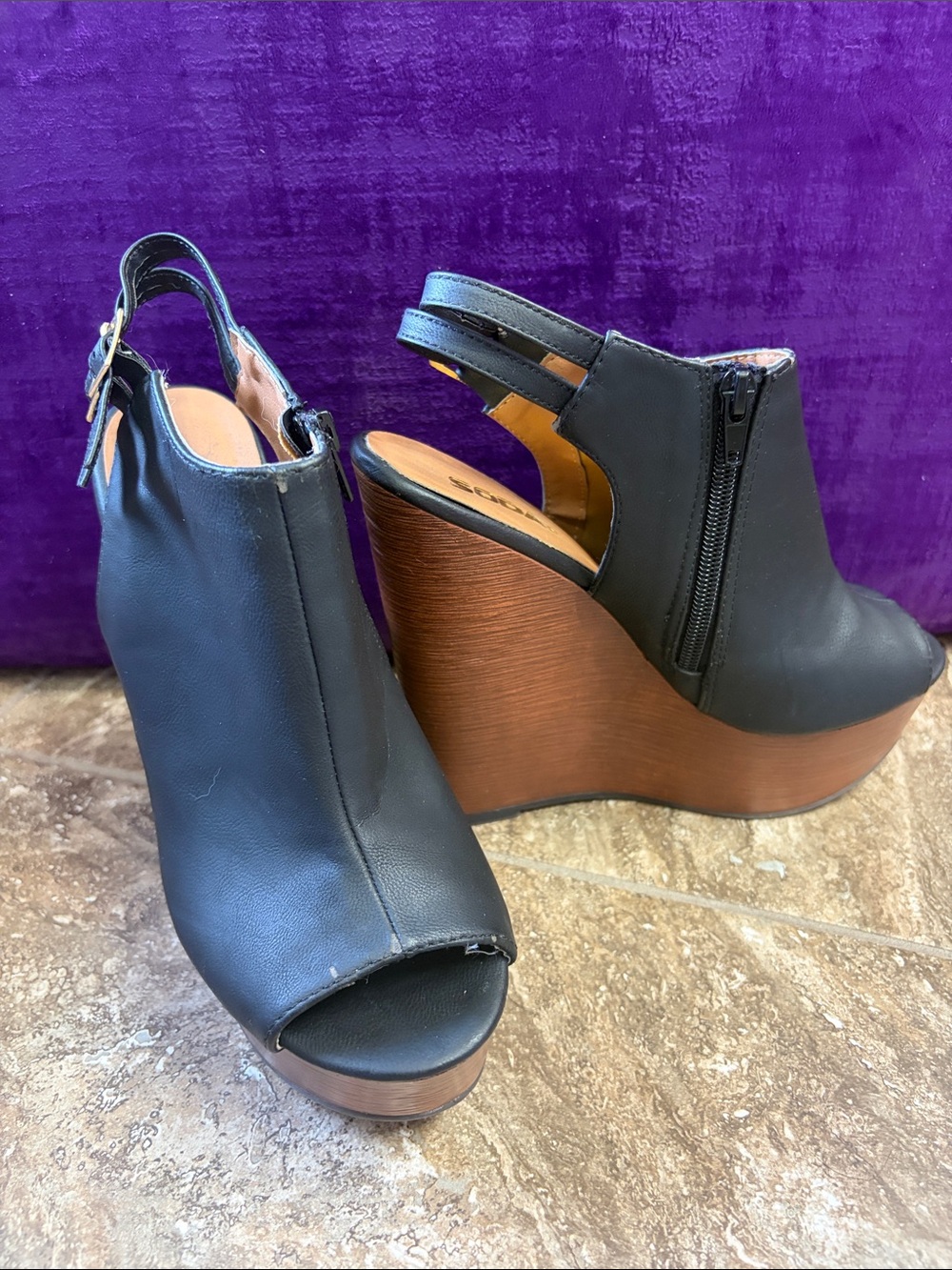 Soda Black Open-Toe Wedge Sandals with Wood-Look Platform